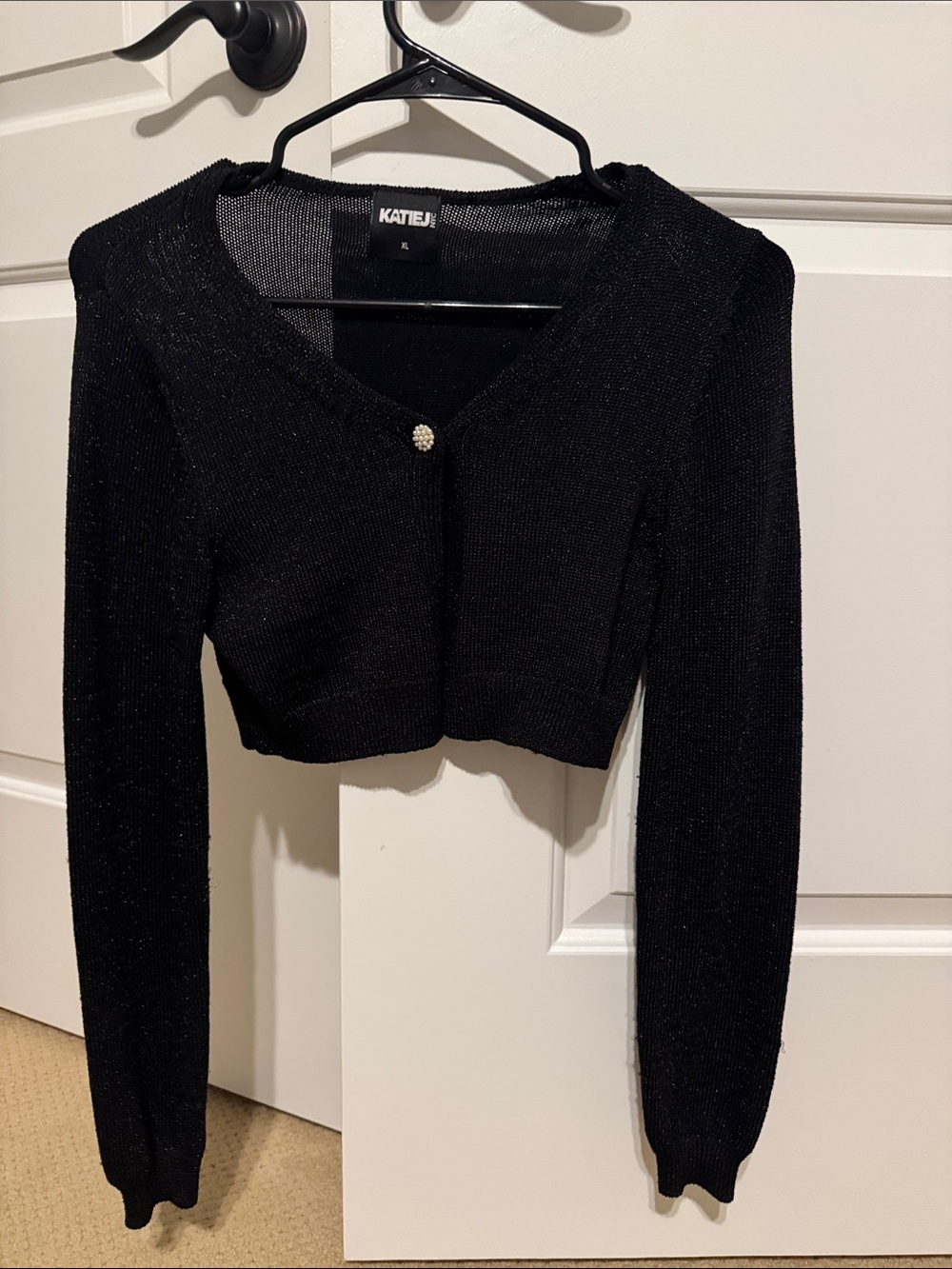 KatieJ Black Sparkle Cropped Cardigan with Pearl Button